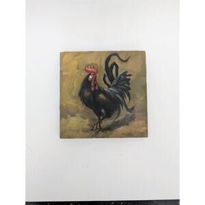 Rooster Original Painting Oil On Wood 8" Square French Country Vintage